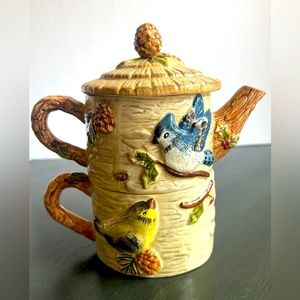 Sonoma Knollwood Birds and Pine Cones Tea Set For 1. Birch Bark Theme 12 Oz